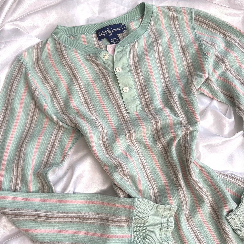 Ralph Lauren Mint Green Striped Henley Long Sleeve Cotton Ribbed Top Large